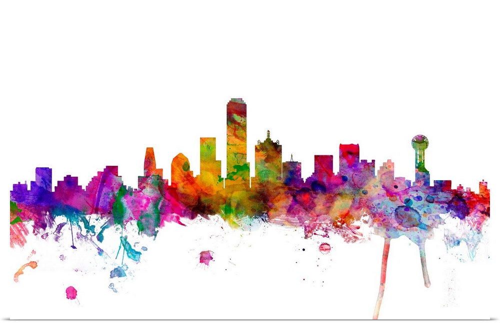 Watercolor artwork of the Dallas skyline against a white background.