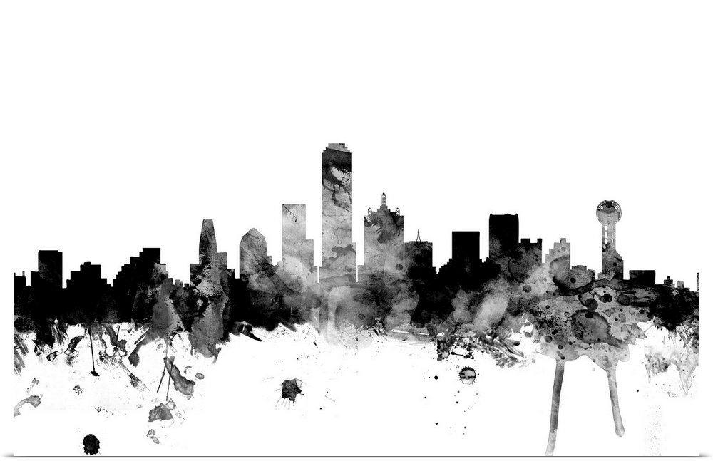 Contemporary artwork of the Dallas city skyline in black watercolor paint splashes.