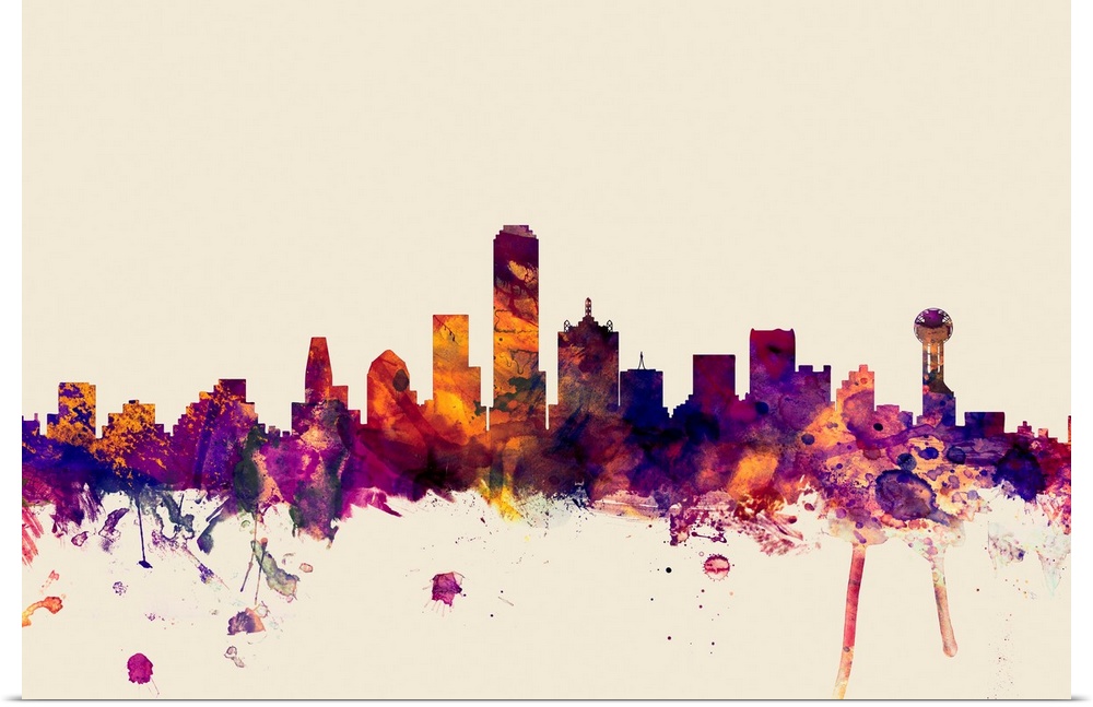Contemporary artwork of the Dallas city skyline in watercolor paint splashes.