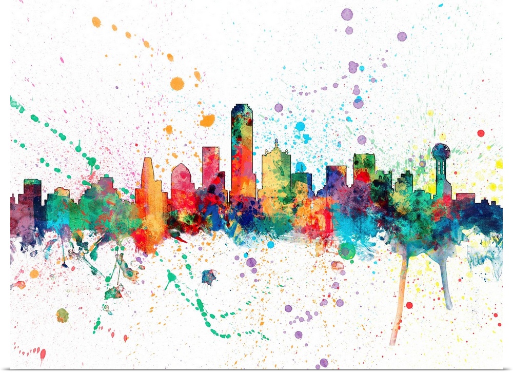 Wild and vibrant paint splatter silhouette of the Dallas skyline.