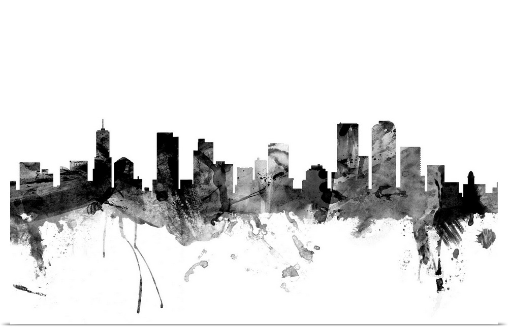 Contemporary artwork of the Denver city skyline in black watercolor paint splashes.
