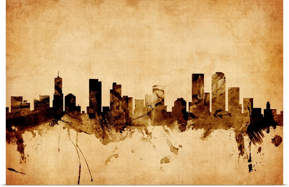 Contemporary artwork of the Denver city skyline in a vintage distressed look.