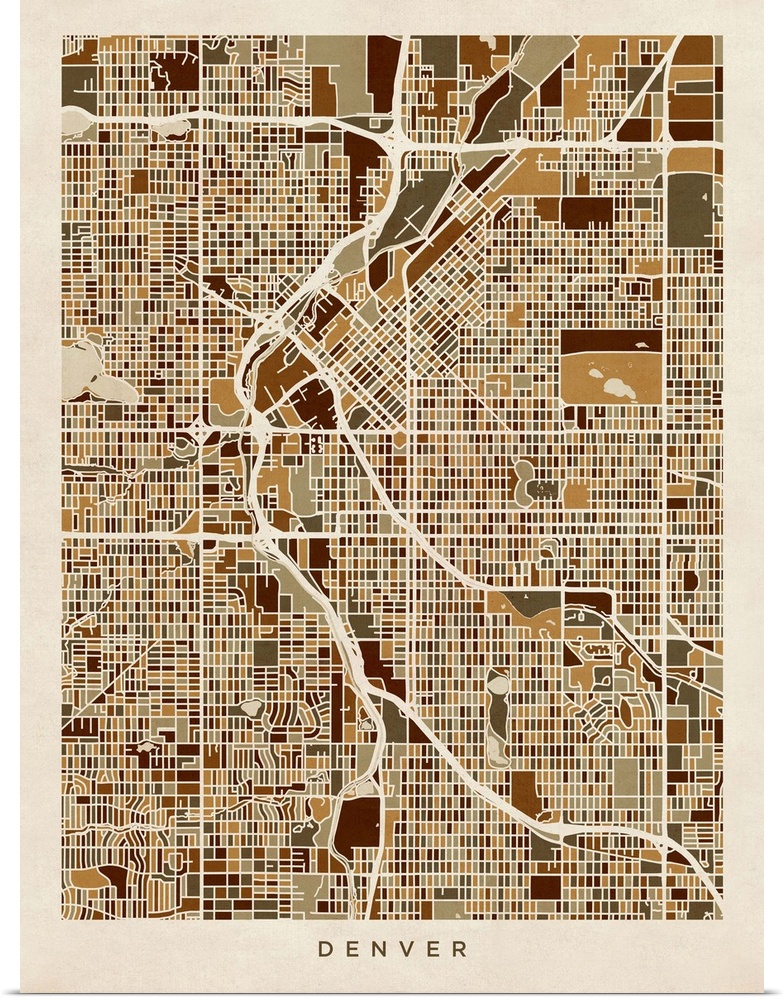 Contemporary artwork of the city street map of Denver.