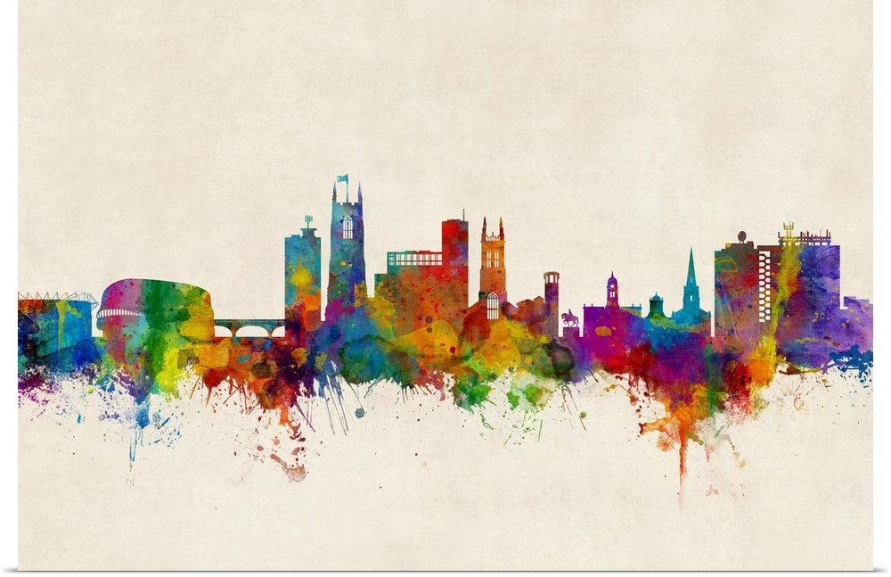 Watercolor art print of the skyline of Derby, England, United Kingdom