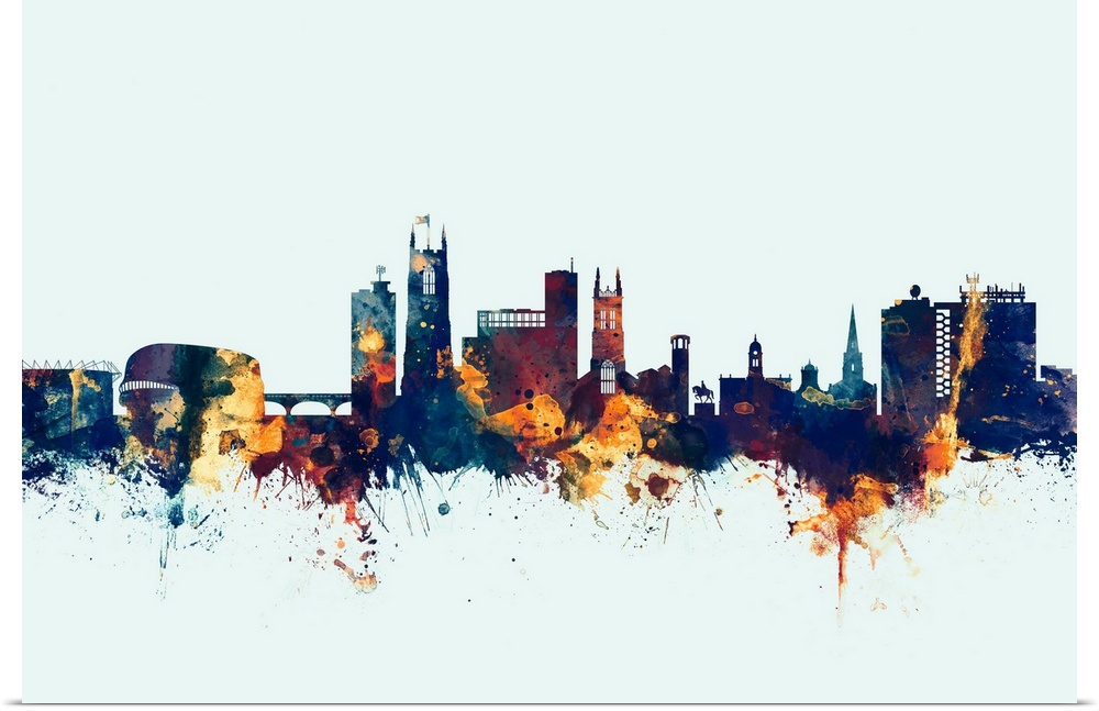 Watercolor art print of the skyline of Derby, England, United Kingdom