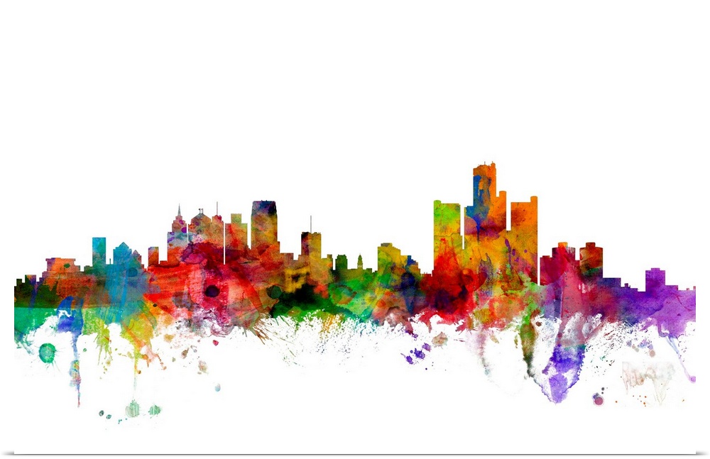 Watercolor artwork of the Detroit skyline against a white background.