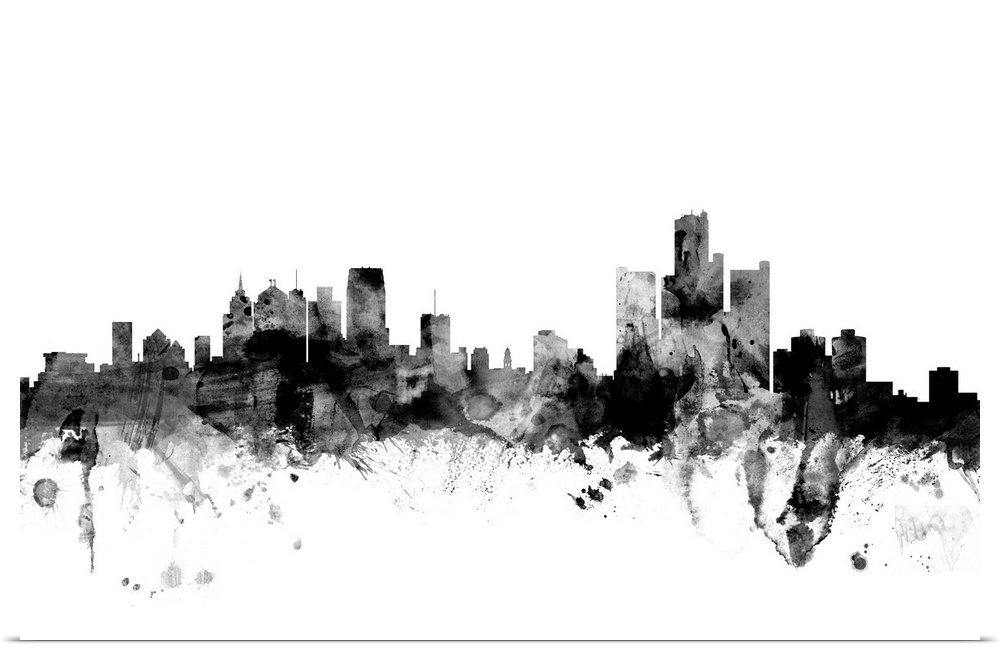 Contemporary artwork of the Detroit city skyline in black watercolor paint splashes.