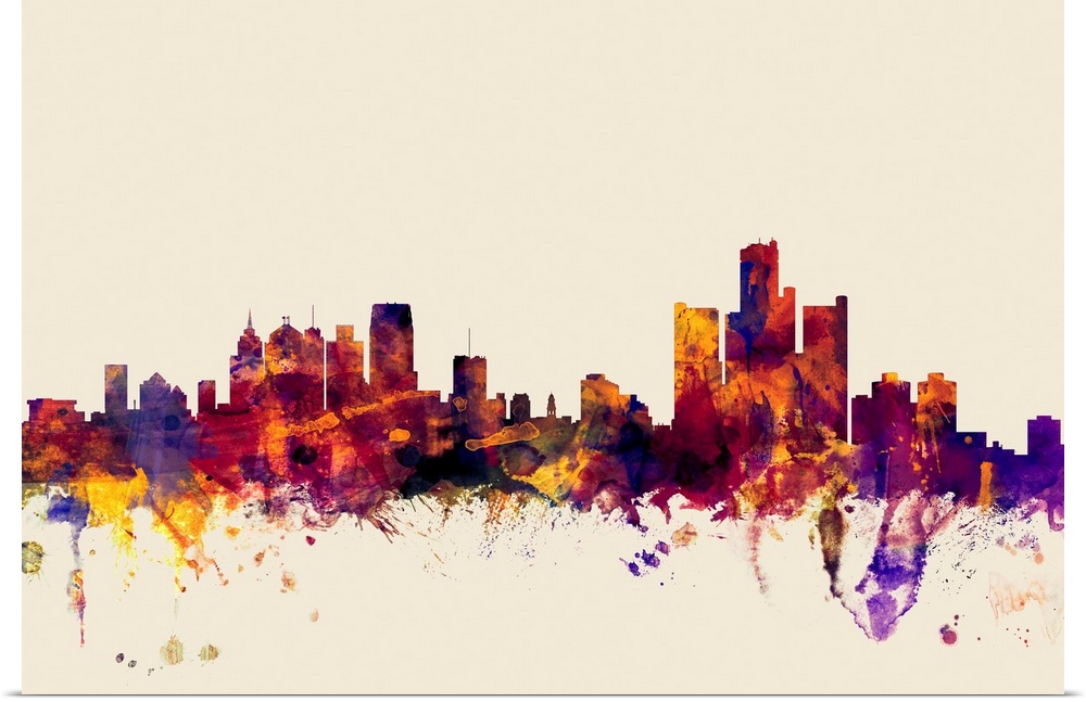 Contemporary artwork of the Detroit city skyline in watercolor paint splashes.