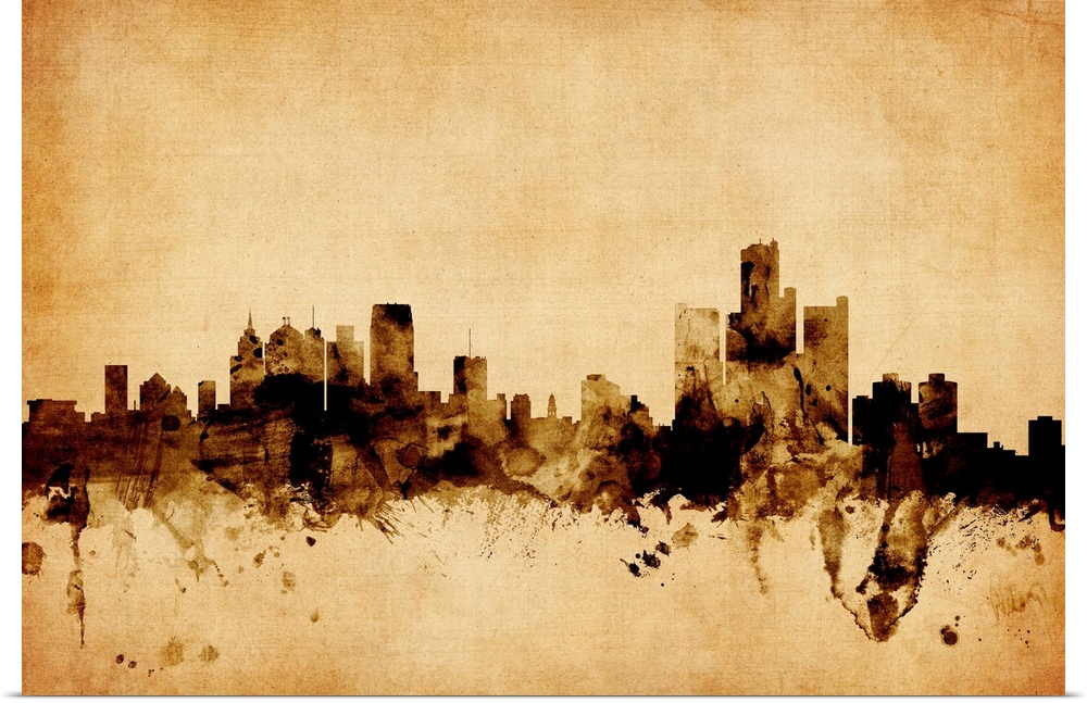 Contemporary artwork of the Detroit city skyline in a vintage distressed look.