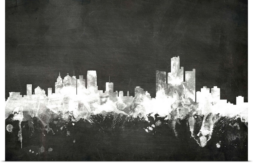 Smokey dark watercolor silhouette of the Detroit city skyline against chalkboard background.