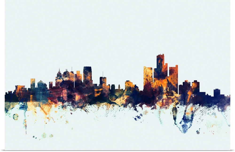 Watercolor art print of the skyline of Detroit, Michigan, United States