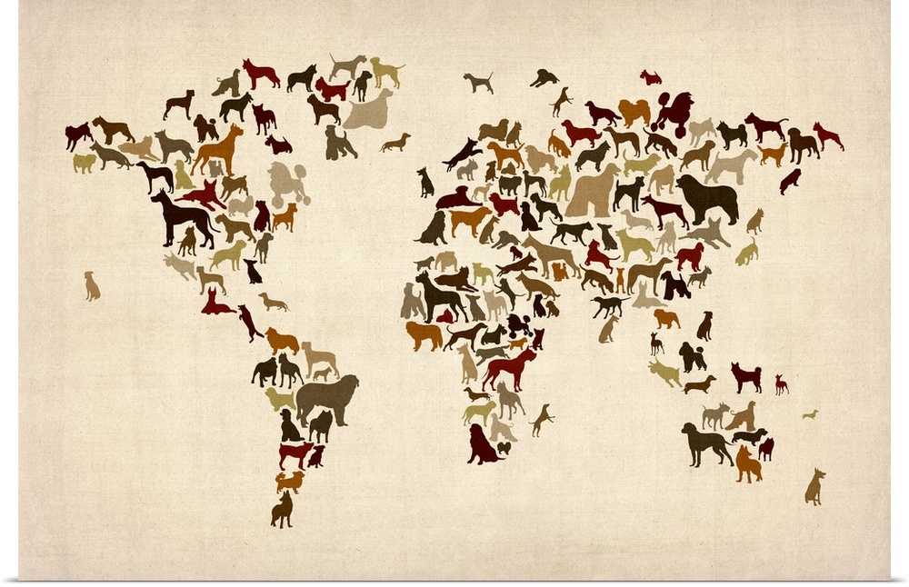 Contemporary artwork of a world map made of dogs.