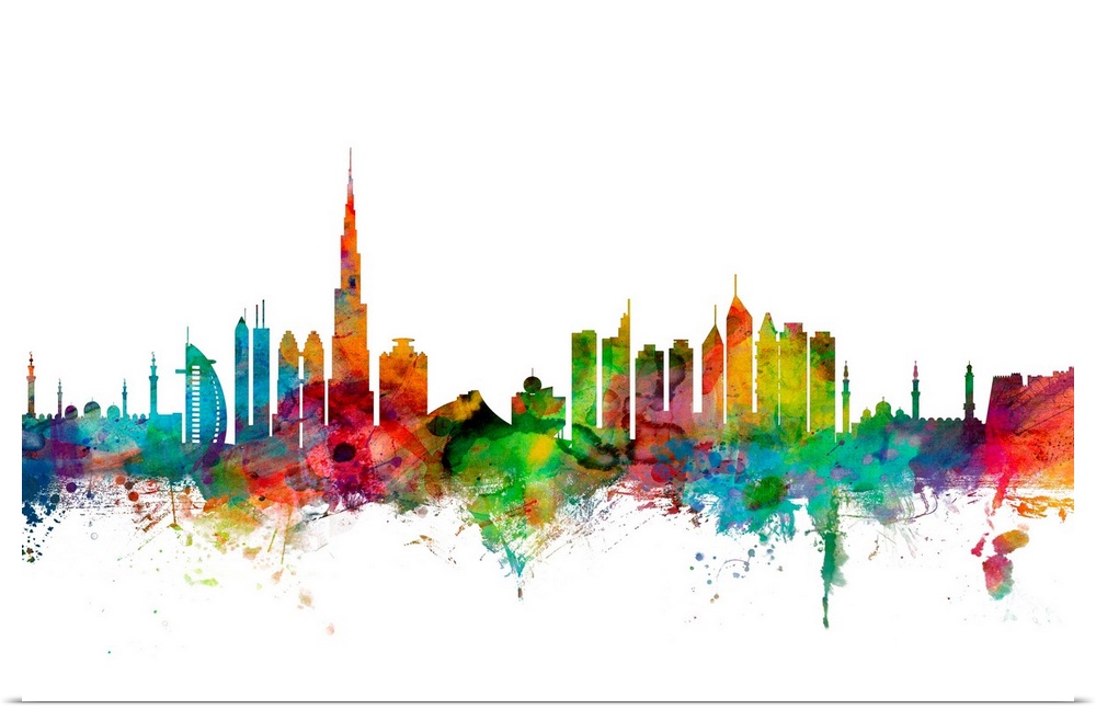 Watercolor artwork of the Dubai skyline against a white background.