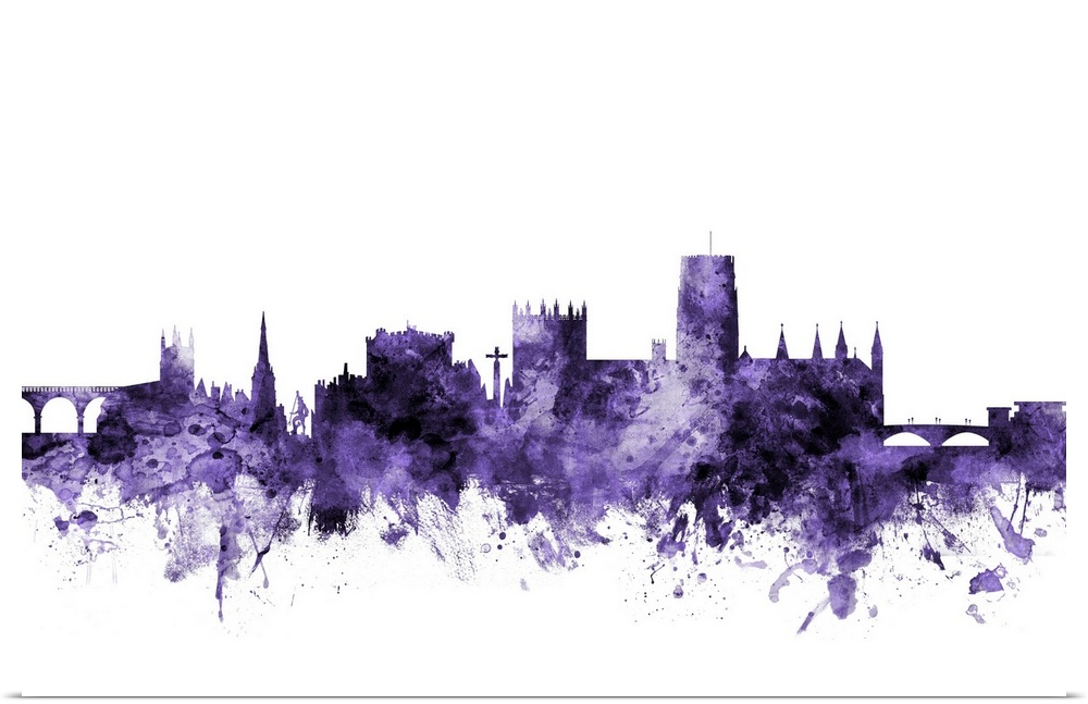 Watercolor art print of the skyline of Durham, England