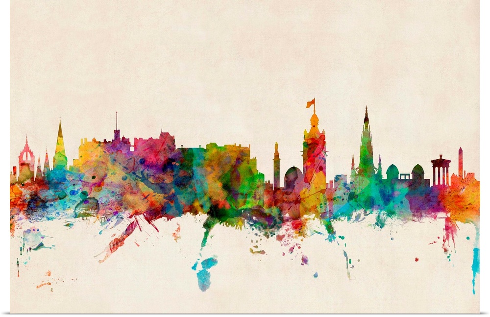 Contemporary piece of artwork of the Edinburgh, Scotland skyline made of colorful paint splashes.