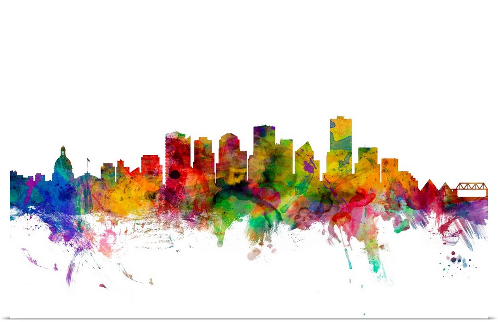 Watercolor artwork of the Edmonton skyline against a white background.