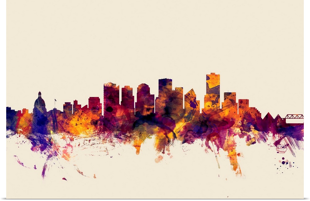 Contemporary artwork of the Edmonton city skyline in watercolor paint splashes.