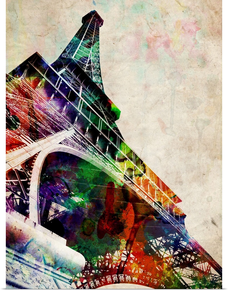 Contemporary artwork of iconic monument's outline filled overlapping colors bleeding together.