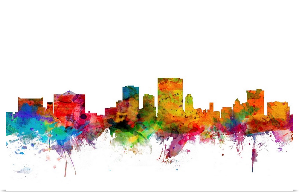 Watercolor artwork of the El Paso skyline against a white background.