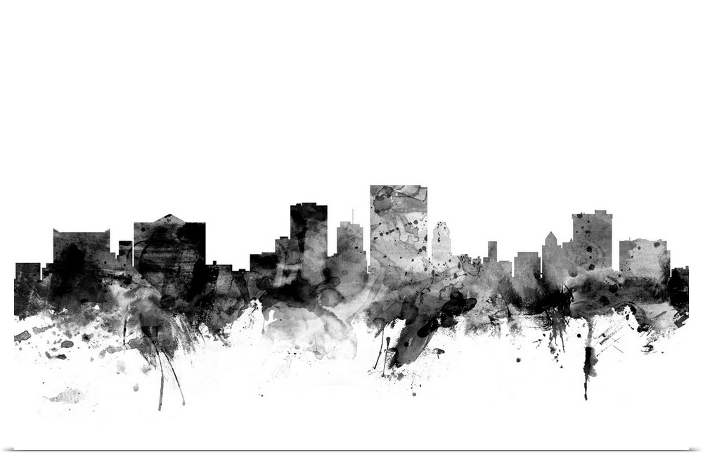 Contemporary artwork of the El Paso city skyline in black watercolor paint splashes.