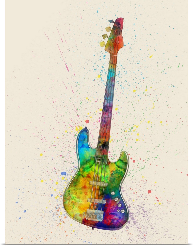 Contemporary artwork of an electric bass guitar with bright colorful watercolor paint splatter all over it.