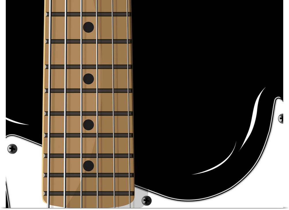 This vector drawing wall art is a close up of a guitaros body and neck.