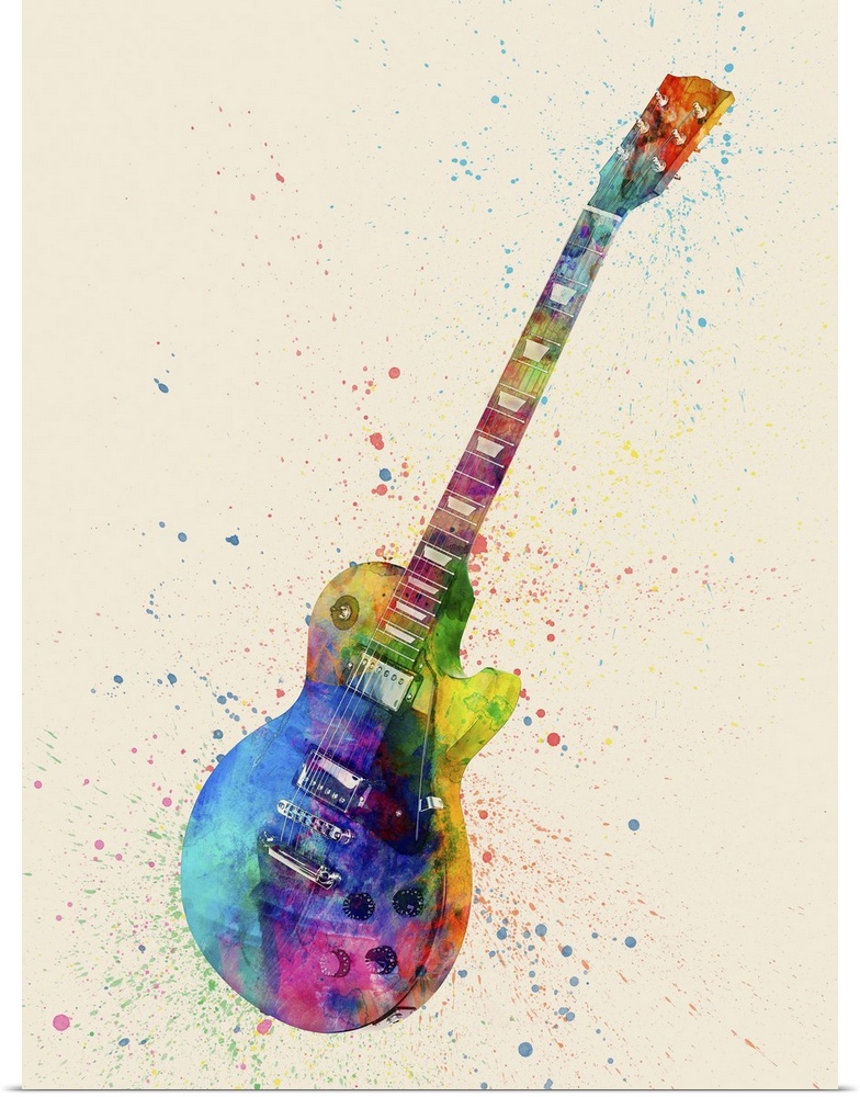 Contemporary artwork of an electric guitar with bright colorful watercolor paint splatter all over it.