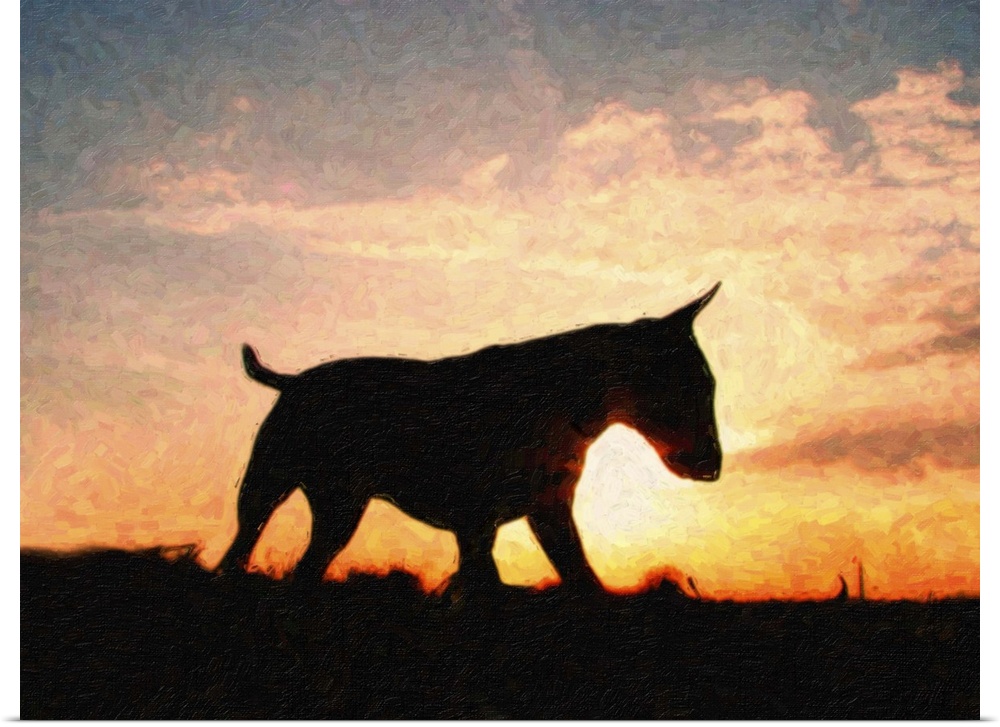 Oil paint style print of an English Bull Terrier silhouetted against a glorious sunset.