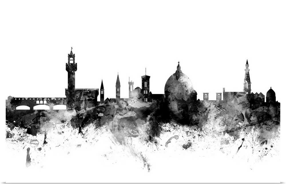 Contemporary artwork of the Florence city skyline in black watercolor paint splashes.