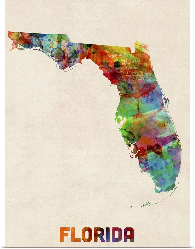 Contemporary piece of artwork of a map of Florida made up of watercolor splashes.
