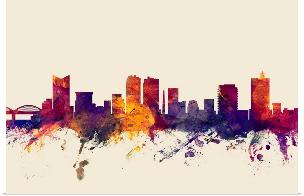 Contemporary artwork of the Fort Worth city skyline in watercolor paint splashes.