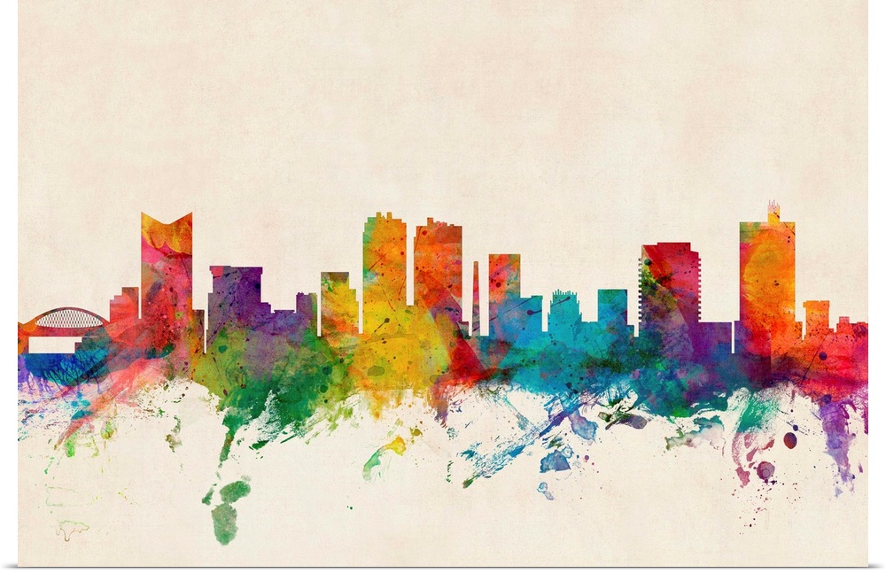 Contemporary piece of artwork of the Fort Worth skyline made of colorful paint splashes.
