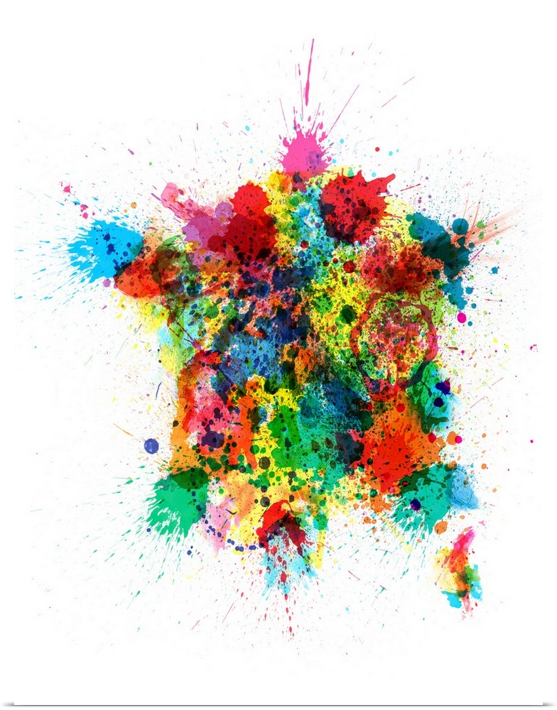 A map of France made from multi-colored paint splashes