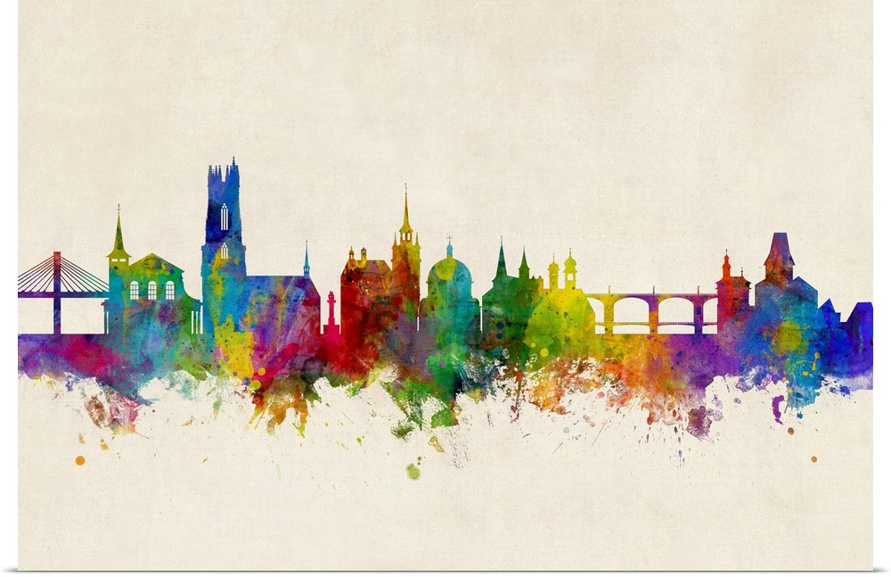 Watercolor art print of the skyline of Fribourg, Switzerland
