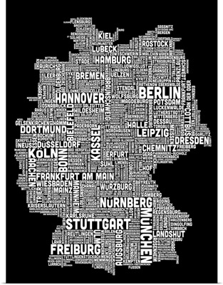 German Cities Text Map, Black and White