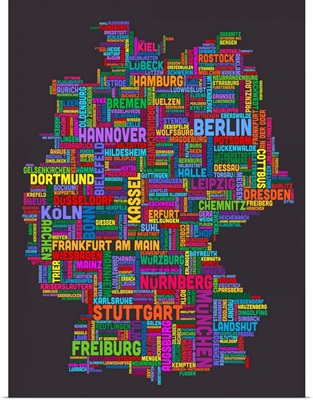 German Cities Text Map, Multicolor on Grey