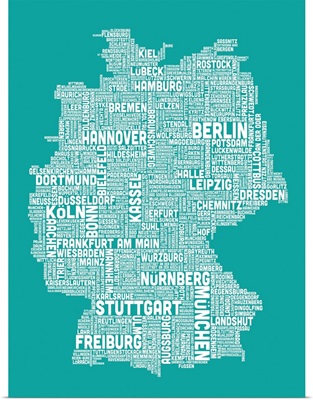 German Cities Text Map, Turquoise