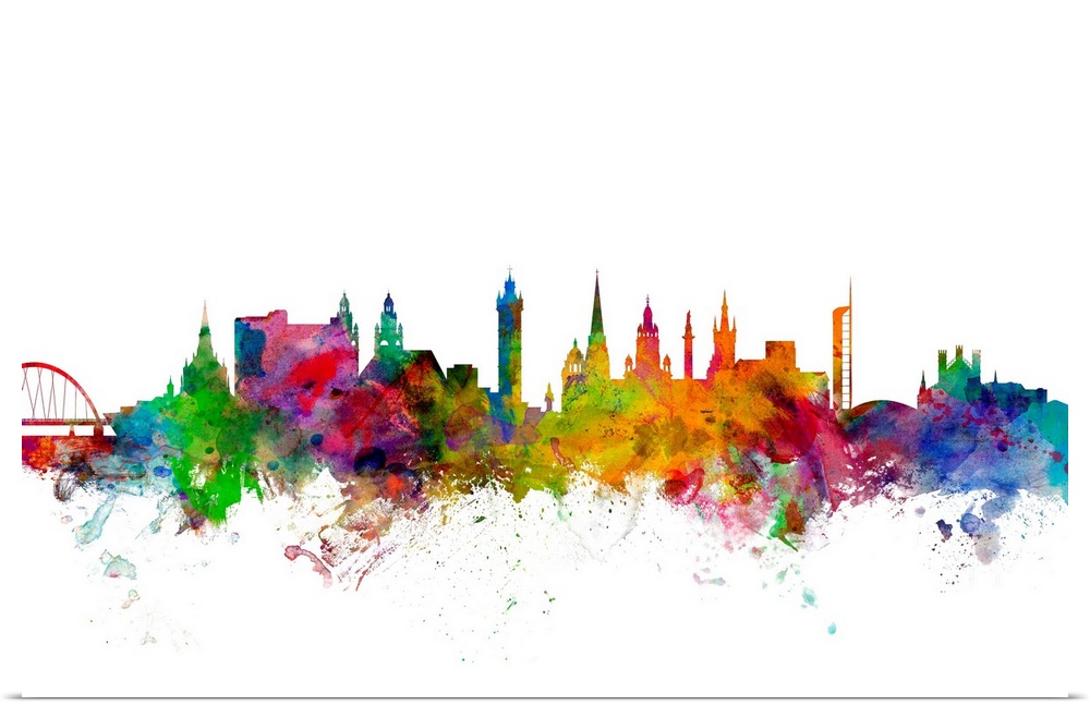 Contemporary piece of artwork of the Glasgow, Scotland skyline made of colorful paint splashes.