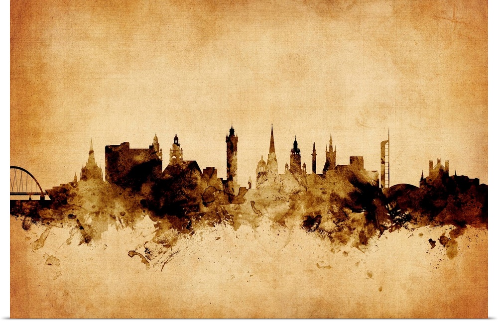 Contemporary artwork of the Glasgow city skyline in a vintage distressed look.