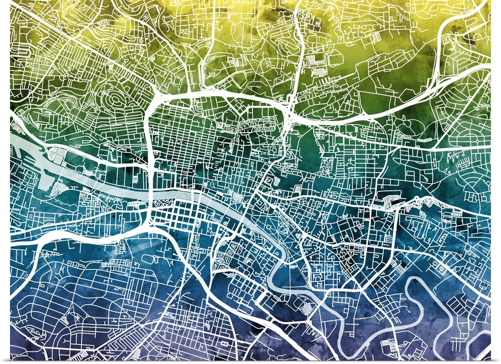 Contemporary watercolor city street map of Glasgow.