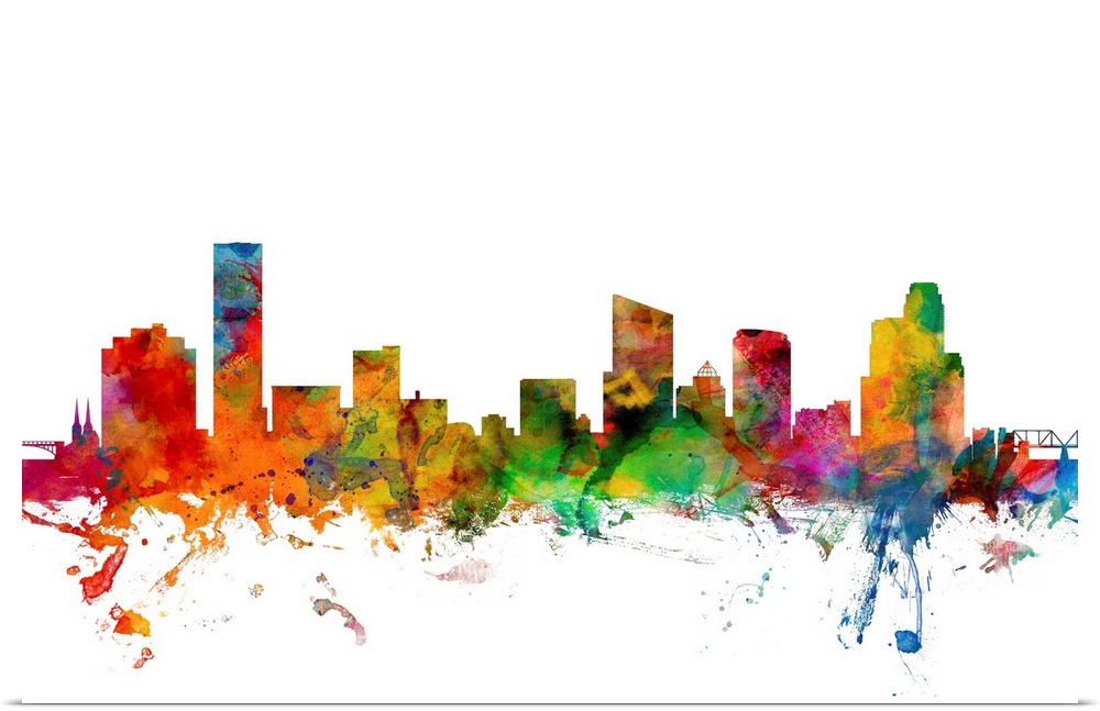 Watercolor artwork of the Grand Rapids skyline against a white background.