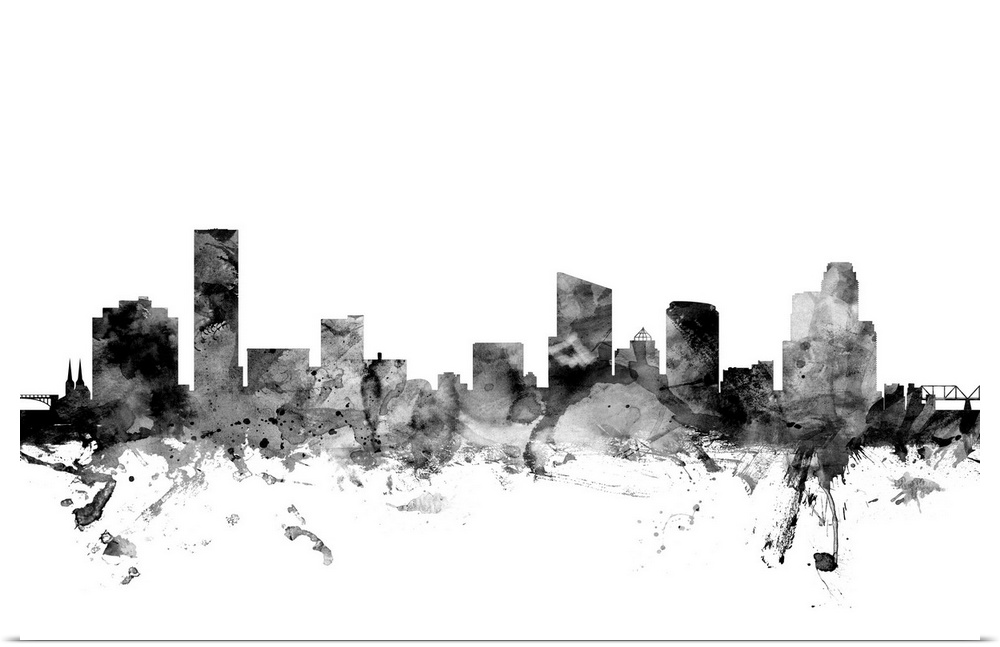 Contemporary artwork of the Grans Rapids city skyline in black watercolor paint splashes.