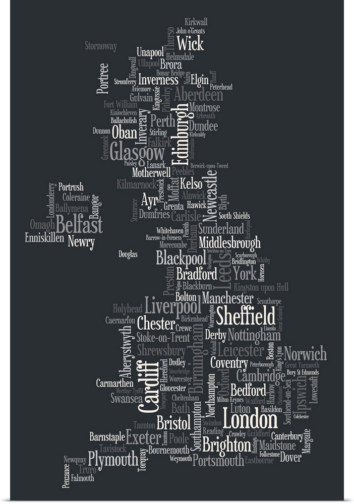 A typographic text map of Great Britain. Major cities within the United Kingdom are shown on the map, which is made entire...