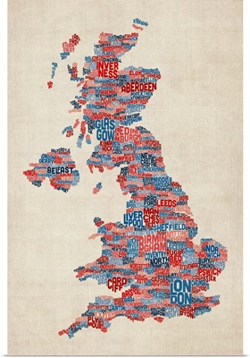 Great Britain UK City Text Map, Blue and Red