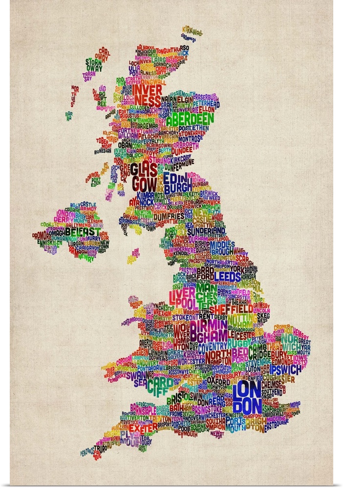 Great Britain UK City Text Map, Colorful