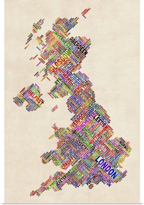 Great Britain UK City Text Map, Diagonal Text, Colorful