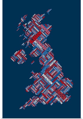 Great Britain UK City Text Map, Diagonal Text, Red White and Blue