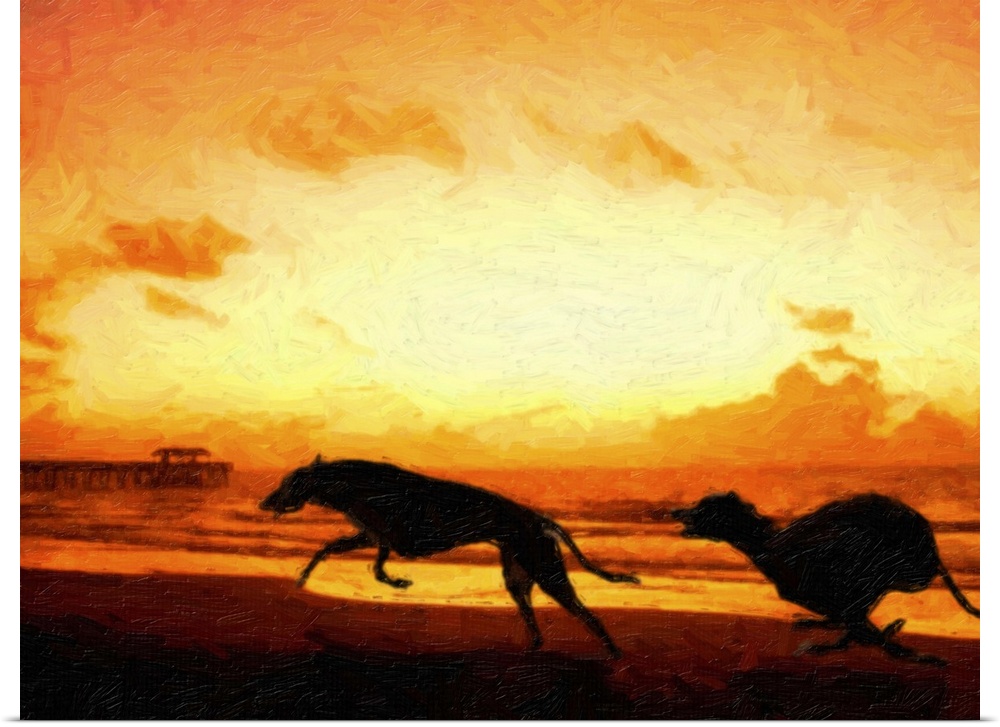 Greyhounds on Beach at Sunset, oil painting