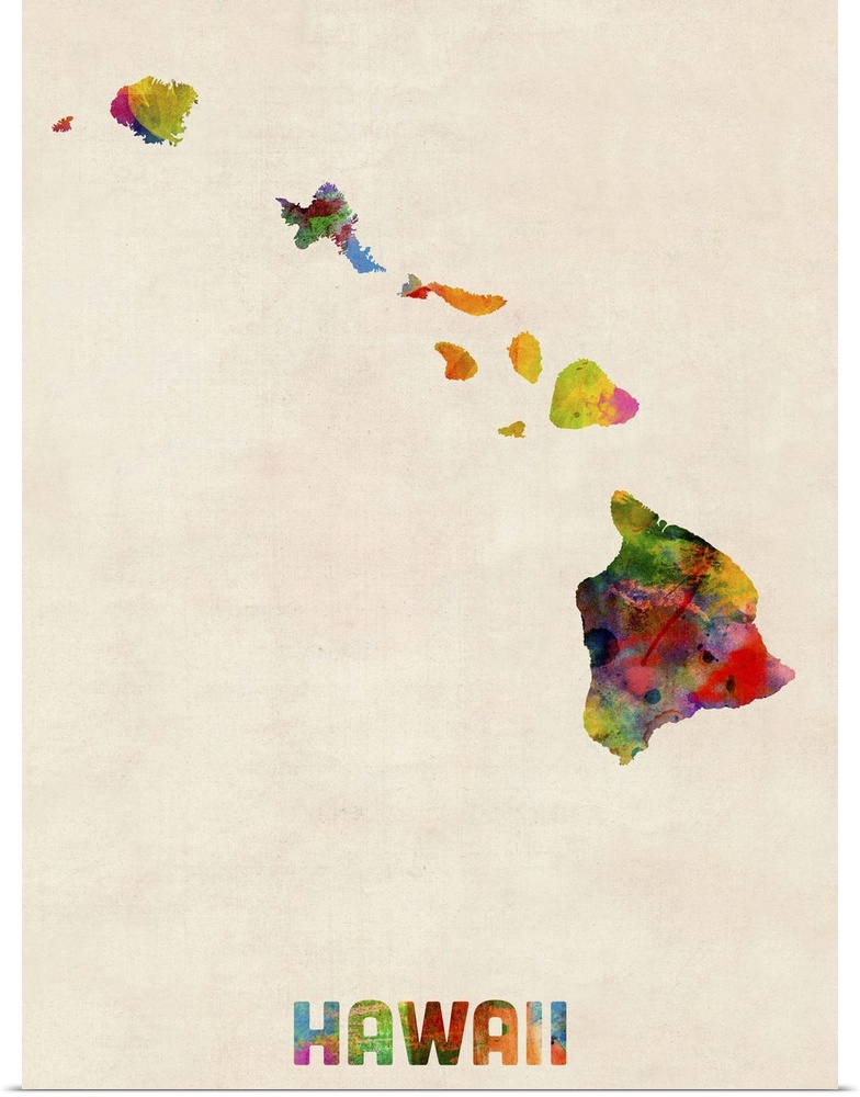 Contemporary piece of artwork of a map of Hawaii made up of watercolor splashes.