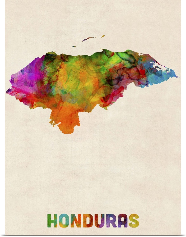 Watercolor art map of the country Honduras against a weathered beige background.